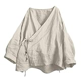Damen Kimono Cardigan Hanten Langarm Wrap Front Baumwolle Leinen Stoff Retro Hanfu Kostüm Unregelmäßiges Hemd Top für kulturelle Looks, B, S