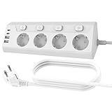 Steckdosenleiste mit USB,Mehrfachsteckdose mit Schalter 8 in 1 Steckdosen 4-Fach 2M Kabel,Ecksteckdosenleiste weiß für Ecksteckdose küche einzeln schaltbar & Schreibtisch