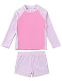 Borlai Mädchen 2 Stück Rash Guard Badeanzug mit Langen Ärmeln Tankini für Pink Stripe 5-6 Jahre
