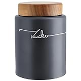 KHG Zucker Aufbewahrung, Zuckerdose Keramik Steingut poliert Anthrazit Grau Holz-Deckel Bambus, Zucker-Vorratsdose 1,5 Lite Kapazität, rund & mit Beschriftung luftdicht, Höhe 16 cm & 11,5 cm