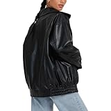 Vintage Y2K Damen Lederjacke Polo-Kragen, Oversized-Passform, Lange Länge Modische Kunstleder Motorrad Bikerjacke für Herbst Winter Trendiger Bombermantel, Perfekte Streetwear (Color : Schwarz, Size