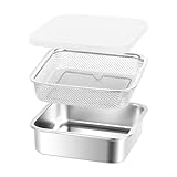 HomeVortex Backformen-Set aus Edelstahl mit Filterkorb und Abdeckung für Küche, Kühlschrank, 3-teilig, stapelbare Lebensmittelbehälter mit Spiegel-Finish, spülmaschinenfest, 19 x 19 x 5,6 cm