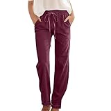 AMhomely Lange Sommerhose für Damen, weites Bein, Baumwoll-Leinenhose, gerades Bein, Freizeithose mit Tasche, elastischer Bund, lockere Komfort-Hose, Yoga-Workout-Hose, 01 Wein, M