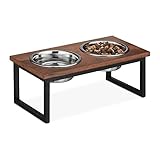 Relaxdays Napfständer, Edelstahlnäpfe Füllmenge 1000 ml, Hundefutterstation aus Mangoholz, HBT 16,5 x 42 x 21 cm, natur