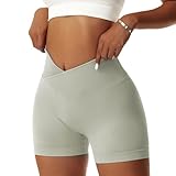 Vertvie Damen Gym Shorts V Cross Stretch Push Up Yoga Shorts Booty Scrunch Fitness Hosen Kurz High Waist Nahtlos Workout Sportshorts Butt Lift Kurze Leggings Sommer (Grau Grün, S)