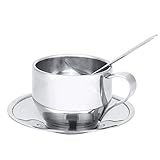 EALRIDV Kaffeetassen-Set, 4 Stück, 120 ml, Edelstahl-Kaffeetasse mit Untertasse und Löffel, Metall-Kaffeetassen für Kaffee, Latte, Cappuccino, heißen Kakao, Milch
