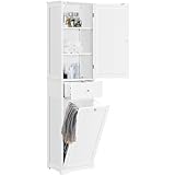 Yaheetech Badezimmerschrank 180 cm Hochschrank mit Wäschekorb & Schublade & Tür schmaler Badschrank Standregal Bodenschrank mit verstellbaren Einlegeboden Weiß