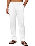 COOFANDY Hosen Herren mit Kordelzug Leinenhose Strandhose Leichte Sommerhose Lang Dünne Hosen Freizeithose Chino Hose Herren Sommer mit Gummibund Weiß M