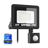 GRIFEMA 20W LED Strahler Mit Bewegungsmelder, 2200LM, 6500K Kaltweiß, IP66 Wasserdicht, 180° Verstellbare Halterung Für Garten, Garage, Hof, Außenbeleuchtung, Ohne Stecker