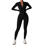OEAK Damen Sport Jumpsuit Lang Eng Yoga Overall Langarm Rollkragen Playsuits mit Reißverschluss Nahtloser Bodysuit Bodycon Strampler Einteiler Romper,Kohlenschwarz,L
