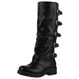 VAN HILL Damen Bikerstiefel Blockabsatz Schnallen Trendy Schuhe 217688 Schwarz 36