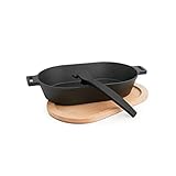 SANTOS Grillpfanne oval- 36 x19 cm - Gusseiserne Pfanne mit abnehmbarem Griff - Braten, Grillen - Gusseisenpfanne oval - Backofen, Gas- & Kohlegrill