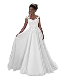 Beyonddress Damen Abendkleider Lang Hochzeit Spitze Prinzessin Ärmellos Brautkleid Ballkleider(Weiß,38)