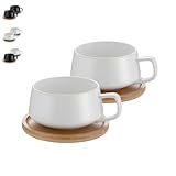 2er Set Cappuccino Tassen mit Unterteller, 320 ml Kaffeetassen, Espressotassen aus Steingut für Tee Kaffee Cappuccino, Kaffeebecher mit Holzscheibe, Weiß