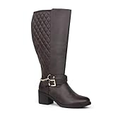 Chicblooms Damen-Motorradstiefel mit extrabreitem Wadenabschnitt und Blockabsatz, schicke Kettenschnalle, kniehohe Stiefel, Braunes PU, EU 43