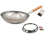 Grillfürst Wok Pfanne aus Edelstahl Ø 30 cm - mit Holzgriff - Edelstahlpfanne mit rundem Pfannenboden - ideal für Seitenkocher eines Grills oder Gasherd, inkl. Wok-Ring