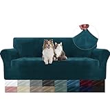 YSTELLAA Samt Sofa Überzug 3 Sitzer, Stretch Sofahusse Universal, Sofaschoner rutschfest, Sofa Covers Mit Armlehne, Couch Bezug Schutz Katze, Waschbare Couchschoner, Dunkel Grün