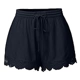 Shorts Damen Sommer Lässige Kurze Hose High Waist Kordelzug Elastische Taille Baggy Shorts Spitzenrand Baumwolle Kurze Hosen Freizeit Strand Stoffhose Kurze Hose