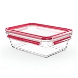 EMSA Clip & Close Glas Frischhaltedose, rechteckig, 1,3 L, 100 Prozent dicht, rutschfestes Stapeln, Glasbehälter spülmaschinen-, gefrier-, backofen-, mikrowellenfest, Rot, Transparent, N10410