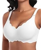 Ganado Damen Nahtloser BH Ohne Bügel Tiefem V-Ausschnitt gewellte Ränder Push Up BH Bralette Soft Bequem BH Bügellos Bustier (Weiß-Doppel Vorderwelle, L)