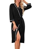 Wikoan Bademantel Damen Leicht Morgenmantel Weich Kimono Robe Hausmantel Bademantel Loungewear Nachtwäsche mit Taschen für alle Jahreszeiten Schwarz XL