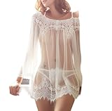 Spitze Nachthemd Off Shoulder Spitze Perspektive Nachthemd Pyjamas Damen Sexy Unterwäsche Set Nachtwäsche Kleid Schulterfrei Bell Sleeve Gymnastikanzug Perspektive Lace Tüll Nachtwäsche