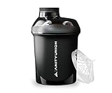 Eiweiß Shaker 400 ml mit Sieb - ORIGINAL Fitness Mixer – Kleiner Protein Shaker auslaufsicher - BPA frei, Mit Skala für cremige Whey Proteinpulver Shakes, Protein BCAA Konzentrate in Schwarz Deluxe