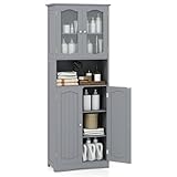 COSTWAY Badezimmerschrank, freistehender Hochschrank mit 4 Türen & offenem Fach & Verstellbarem Einlegeboden, Badschrank mit Kippschutz für Wohnzimmer, Badezimmer, Küche (Grau,164 cm)