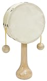 Bino world of toys Trommel mit Handgriff, Handtrommel Rassel, handgehaltene Klingel, Musikspielzeug ab 3 Jahren, Kreativität & motorische Fähigkeiten, hochwertiges Holz mit Lederbezug, beige