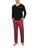 Demegimi Herren Schlafanzug Lang Pyjama Kariert Baumwolle V-Auschnitt Zweiteilige Pyjamas mit Langarm Shirt und Karierter Schlafanzughose,Schwarz,L
