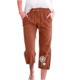 PYOJKO Jogginghose Damen 3/4 Baumwolle Leinen Sommerhose Leicht Sporthose Sommer Freizeithose Shorts Einfarbig Hose Baggy Kordelzug Taille Yogahose Lockere Trainingshose Druck Sweathose