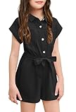 Haloumoning Niedlicher Jumpsuit für Mädchen Sommer Kinderoverall Button Down mit Gürtel Kinder kurzer Romper mit Taschen Schwarz, 8-10 Jahre