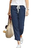 Hose Damen Leinen Sommerhose 7/8 Casual Leichte Baumwolle Leinenhose Stoffhose Bequeme Luftige Freizeithose Strandhose Mit Taschen (Navy Blau, L)