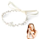 Haarschmuck Kommunion Mädchen,Prinzessin Blumenkranz Haare,Weiß Perle Haarreifen Kopfbedeckung,Blumen Haarkranz mit Band,Geeignet für Braut Damen,Fotografie Hochzeit Zubehör