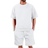 Golfset Herren Locker Elastische Taille Sommeroutfits Jogginganzug Baumwolle Mit Taschen Hausanzug Strandoutfit Mode Rennrad Trikot Set Tracksuit Chino T Shirt Herren Set（Weiß，XL）