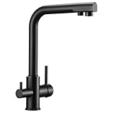 3 Wege Wasserhahn Küche Küchenarmatur 360° schwenkbar 3 in 1 Mischbatterie Küche für Wasserfilter, Trinkwasserhahn mit 2 Hebel, Drei Wege Armatur, Spültischarmatur aus Edelstahl, matt schwarz