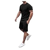 MINYING Trainingsanzug für Herren, Sport, 2-teilig, gestreiftes T-Shirt, kurzärmlig, Jogging-Set für Herren, Revers, T-Shirt, Shorts, Trainingsanzug-Set, 06 - Schwarz, XL