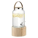 Navaris Getränkespender 5,6 Liter aus Glas - Zapfhahn aus Edelstahl mit Holz Ständer - Wasserspender Glasbehälter für kalte Getränke - mit Ledergriff
