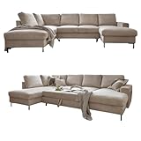 Cord Sofa U Form mit Schlaffunktion - Ecksofa mit Schlaffunktion und Bettkasten, Wohnlandschaft U Form, XXL Couch U Form, Big Sofa XXL, Eckcouch mit Schlaffunktion und Bettkasten, Ecksofa Beige Links