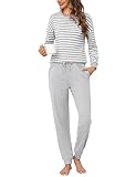 Bresdk Pyjama Damen Lang Baumwolle Frauen Nachtwäsche Baumwolle Schlafanzug mit Bündchen Grau L