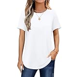 Elesomo Damen Tshirts Kurzarm Longshirt Rundhals Sommer Lockeres Langes T-Shirts, Weiß XL