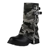 VAN HILL Damen Bikerstiefel Blockabsatz Zipper Trendy Schuhe 217555 Camouflage 36