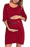 Vlazom Damen 3/4 Ärmel Umstandskleid Baumwolle Rundausschnitt Umstandskleidung mit Knöpfe Weiches（L,Stil C-Rot）