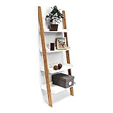 Relaxdays Leiterregal Bamboo, 4 Ablagen, Bambus, Wohnzimmer & Arbeitszimmer, Regal, HBT: 144 x 56 x 34 cm, natur/weiß