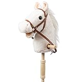 BEJOY Steckenpferd Kinder Spielzeug Pferd 91cm, Hobby Pferd Holzpferd Plüschpferd zum Reiten mit echten Pony Wiehern und Galoppgeräusch, Kuschelpferd Weiß (AA-Batterien erforderlich)