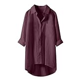 Fannyfuny Leinenbluse Damen Sommer Baumwolle Leinen Bluse Langarm/Kurzarm Elegant Musselin Bluse Große Größen Damen Revers Knopfleiste Blusenshirt Einfarbig Casual Longbluse Hemdbluse mit Taschen
