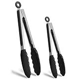 MHwan Grillzange, 2 Stück Küchenzange Edelstahl, die den Topf Nicht Beschädigen, BPA-Frei, Lebensmittelechtem Silikon mit Verbrühschutz Rutschfestigkeit Zange Küche, 21cm, 27,5cm, Waschmaschinenfest