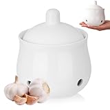 PRITOK Knoblauchtopf aus Keramik: Knoblauch Aufbewahrung mit Deckel und Belüftungslöchern, 372295428089450ML Atmungsaktiv Zwiebel Aufbewahrung Knoblauch Behälter, 11.4 x 9.5cm