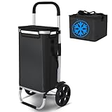 VOUNOT® Einkaufstrolley Klappbar aus Aluminium mit 58L Wasserdichter Tasche und Kühlfach, 2 Extra große Räder mit Schutzblech, Faltbarer Einkaufswagen, Treppensteiger Trolley, Schwarz