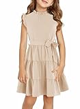 Haloumoning Mädchen Kleider Lässige Rüschenärmel Midikleid Kinder Plissiertes Party Kleid mit Gürtel Beige 10-12 Jahre